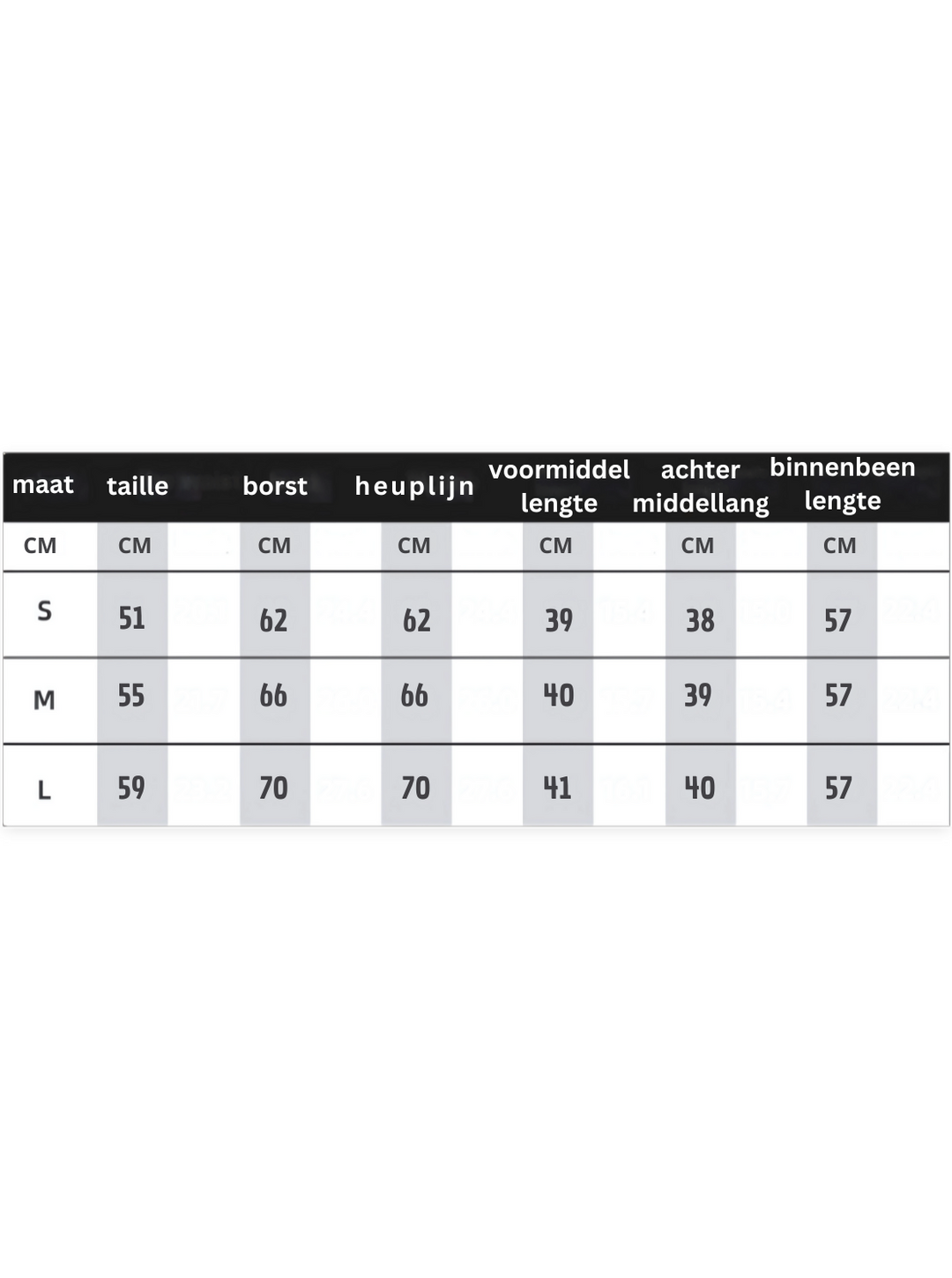 FlexibelFit™ maat tabel